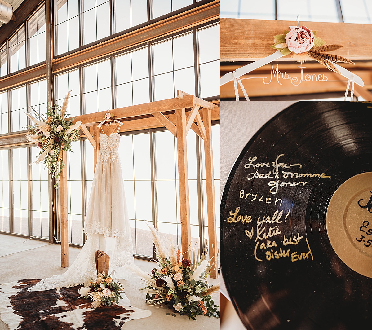Details of dress and guest book from boho prairie wedding shoot