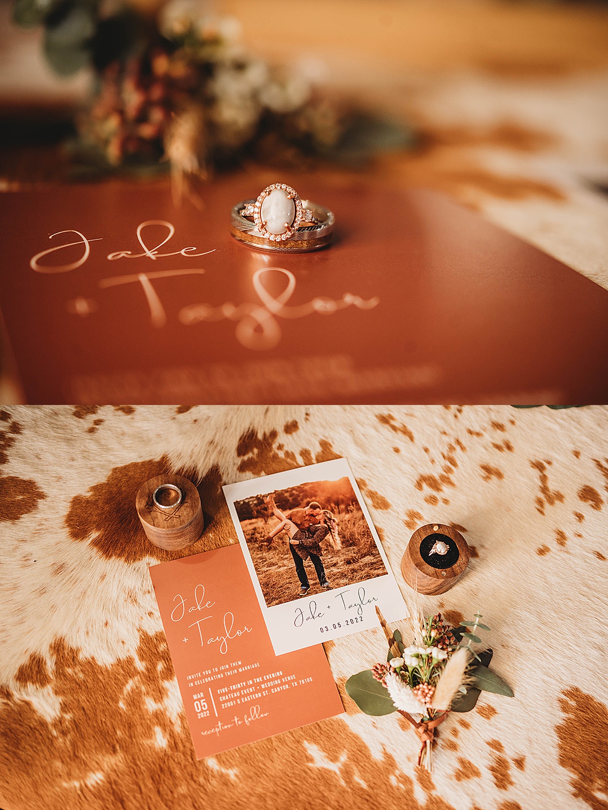details of bride and groom rings, invitation and save the date cards from boho prairie wedding