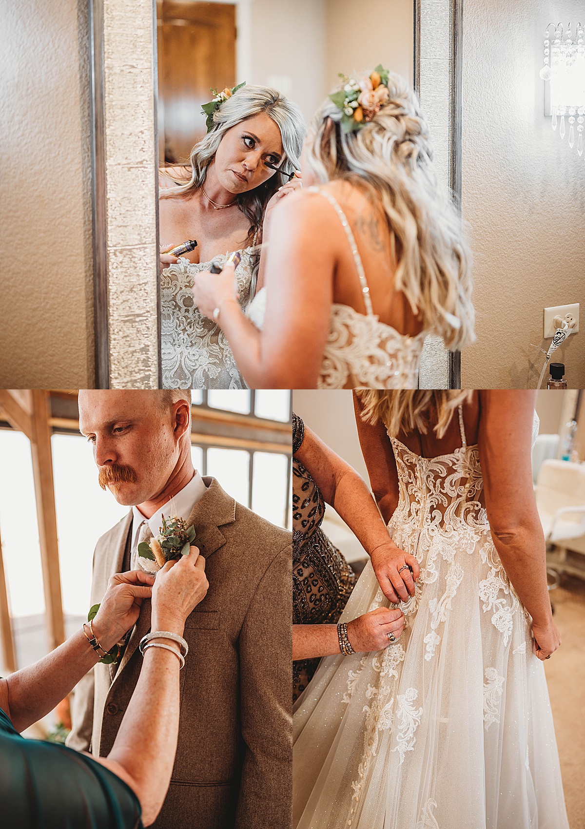 groom's mother places boutonniere while mother of the bride adjusts her dress before boho prairie wedding 