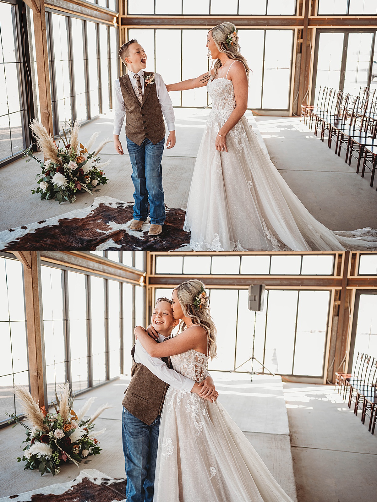 Bride does first look with son and gives him a hug before boho prairie wedding
