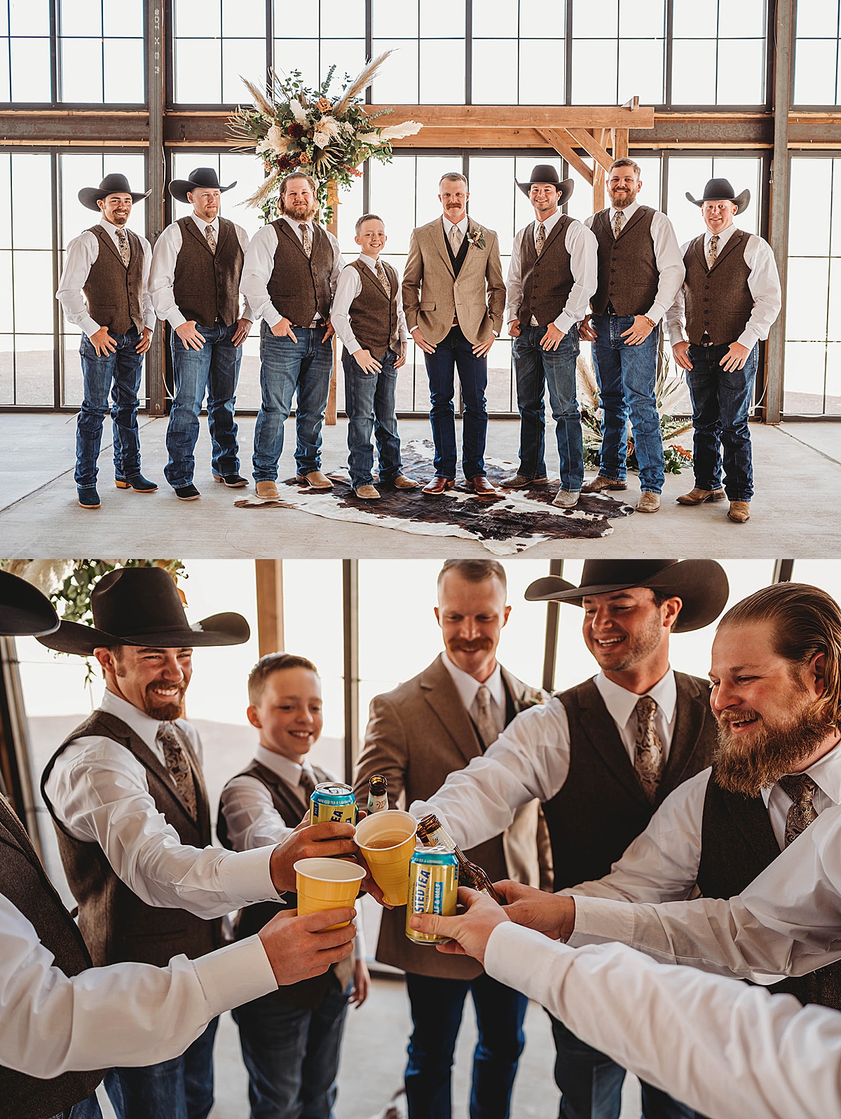 Groom and groomsmen pose in hats and boots with beers while getting ready for wedding shot by Three Feather Photography