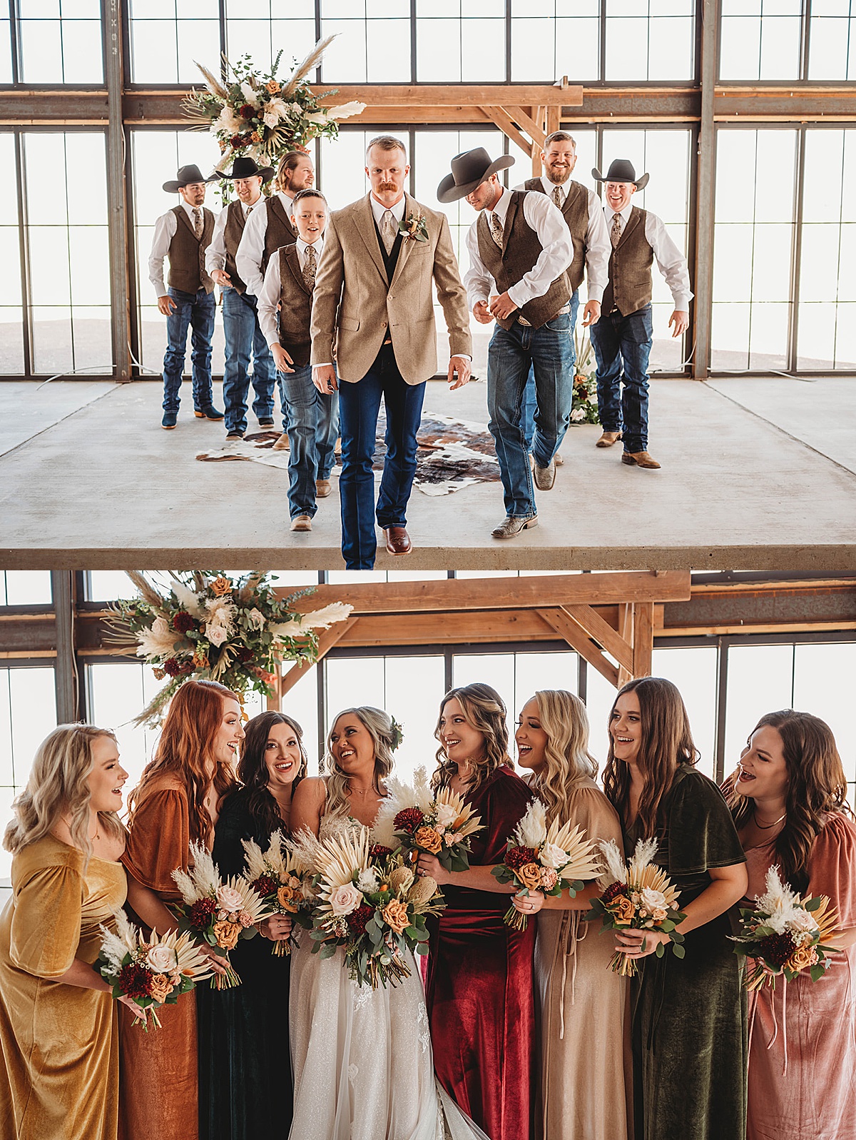Bridal party and groomsmen strike fun, casual poses in cowboy boots before wedding shot by Three Feather Photography in Amarillo