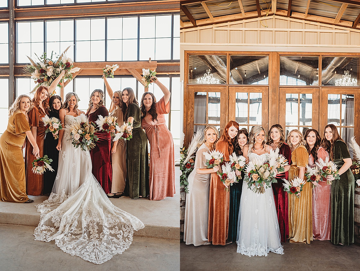 bride and bridesmaids in mismatched velvet gowns pose as a group in wedding shot by Three Feather Photography