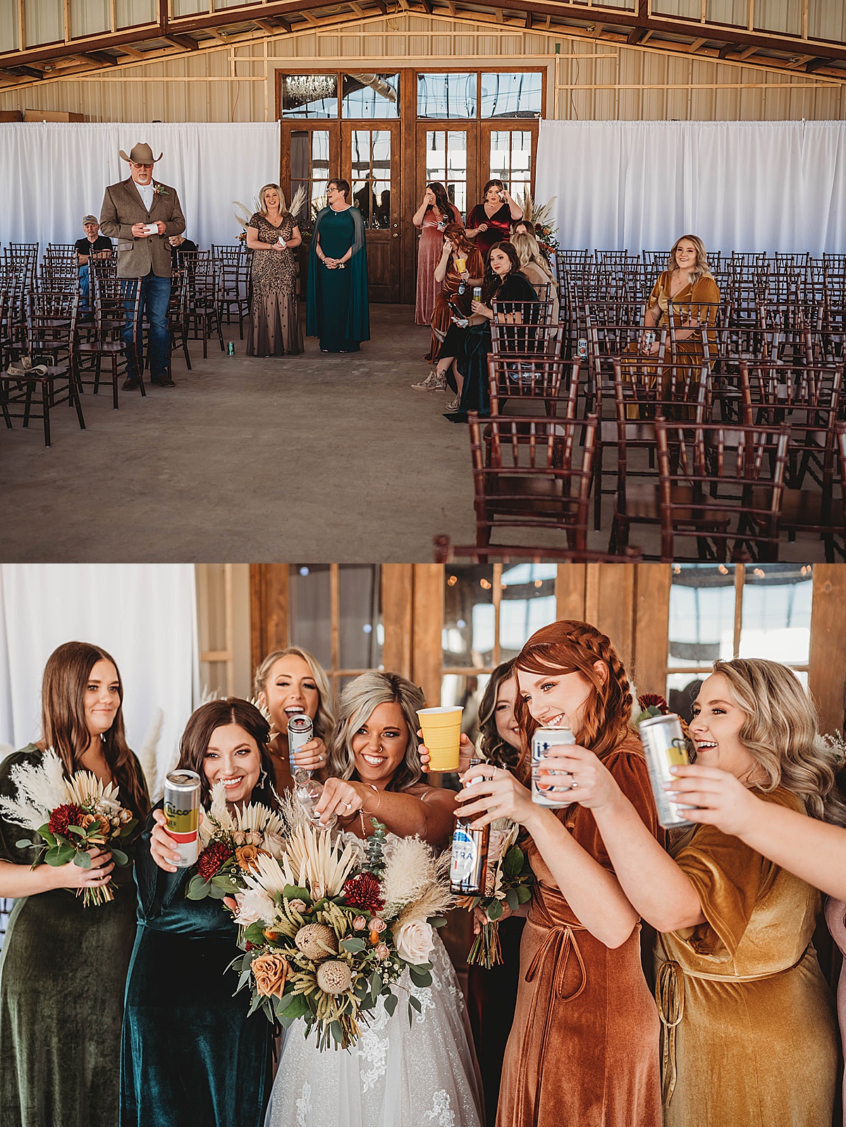 Bridal party relaxes before the wedding with seltzers and beer in boho shoot by Three Feathers Photography