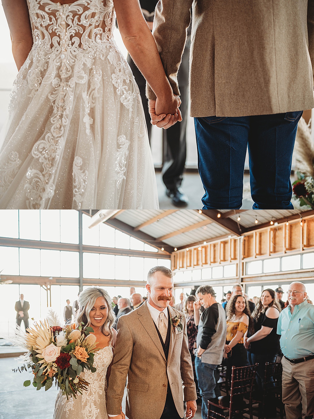 Newlywed couple hold hands and walk the aisle after boho wedding ceremony shot by Three Feathers Photography