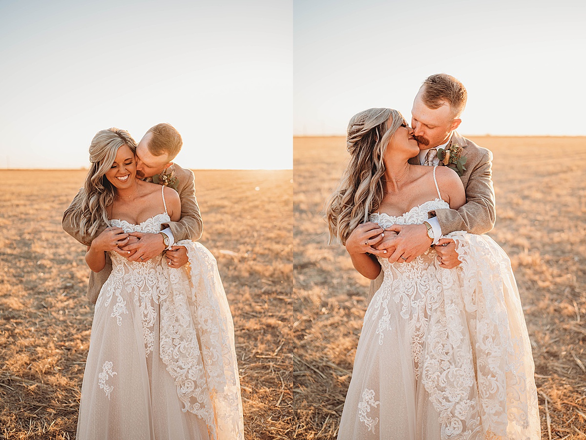Bride and groom embrace in prairie field at Amarillo texas wedding shot by palo duro canyon elopement photographer
