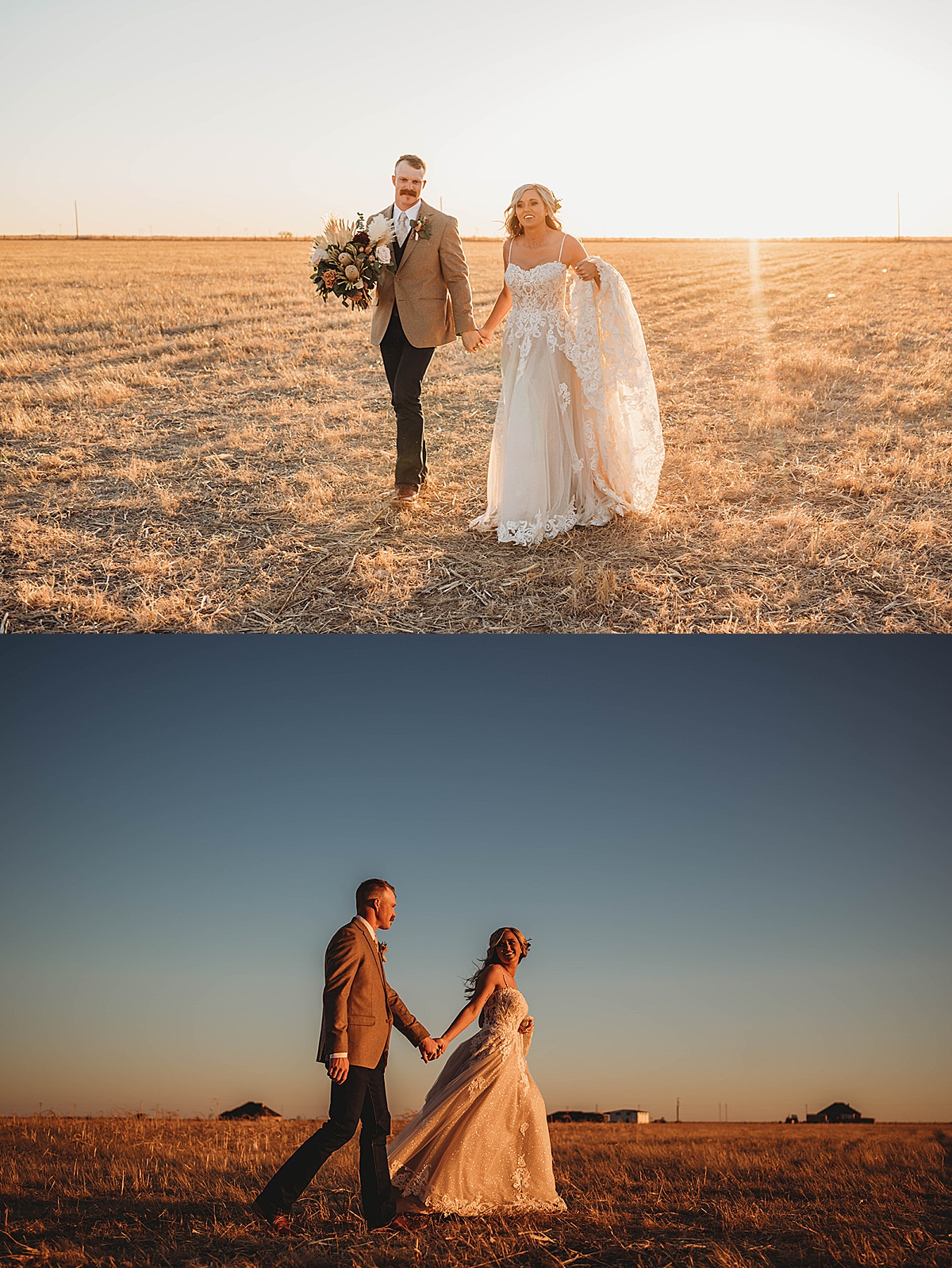 bride and groom hold hands in sunset prairie field at amarillo boho wedding shot by palo duro canyon elopement photographer