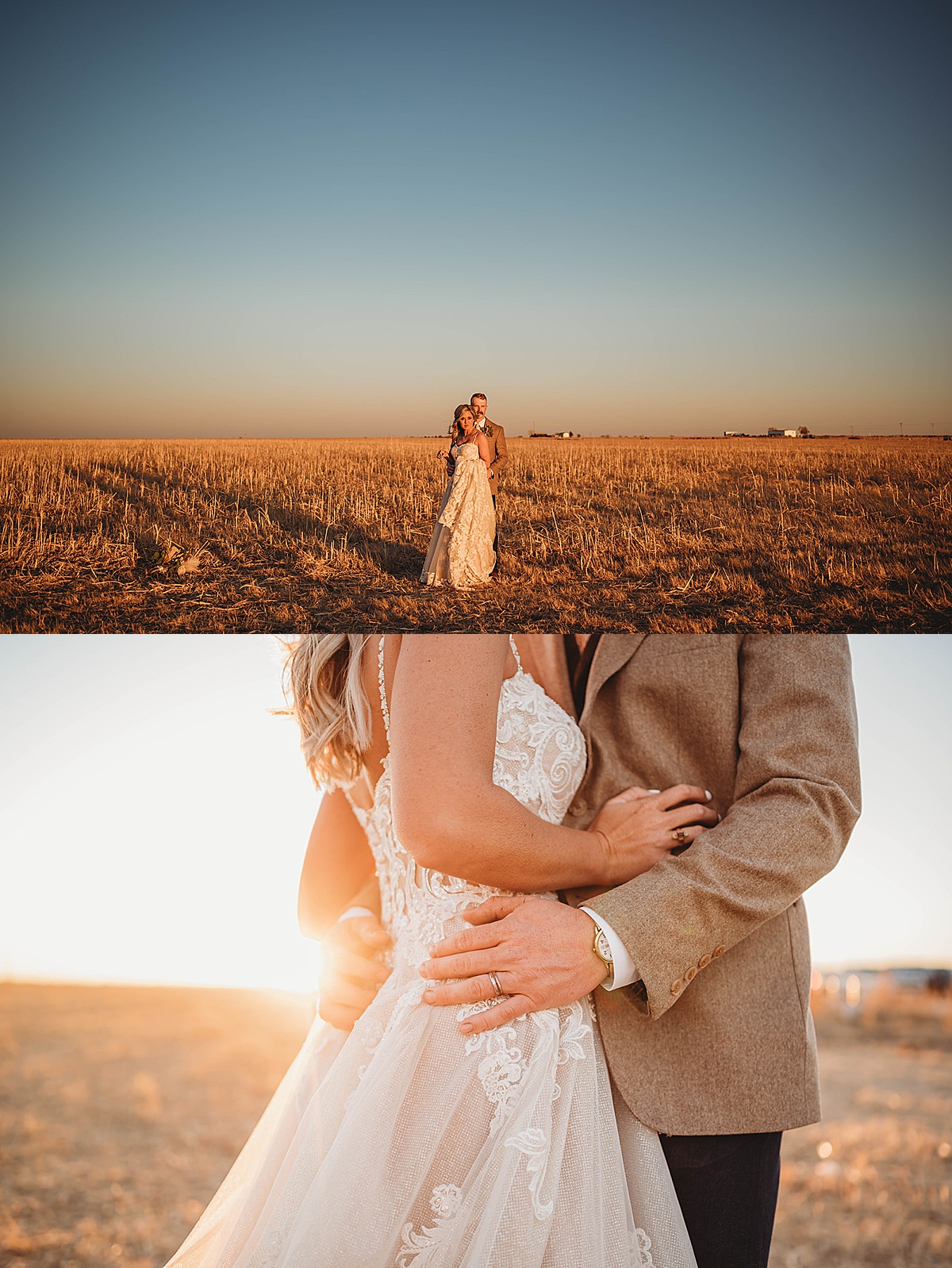 newlywed couple stand in golden hour sunset prairie field after wedding shot by palo duro canyon elopement photographer