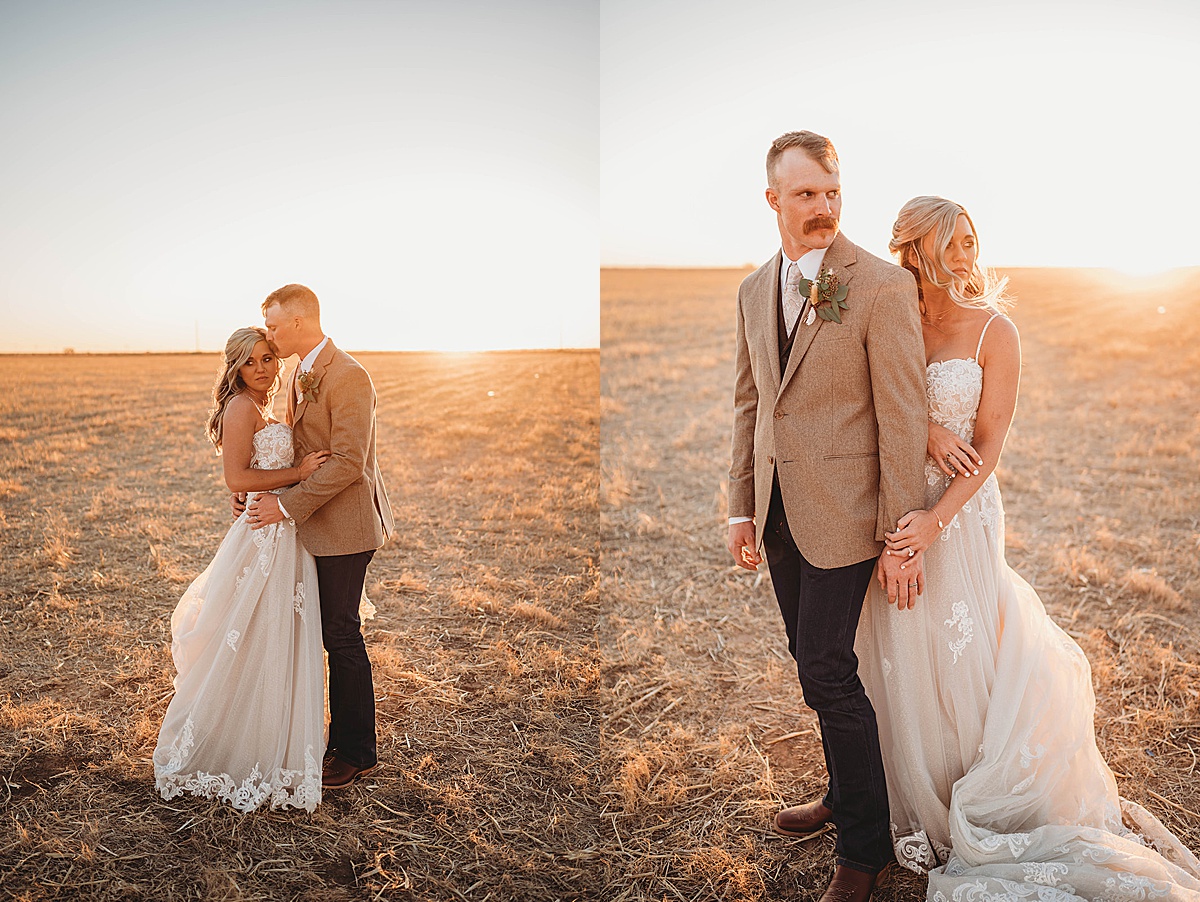 newlywed bride and groom stand in golden hour prairie field after ceremony shot by palo duro canyon elopement photographer
