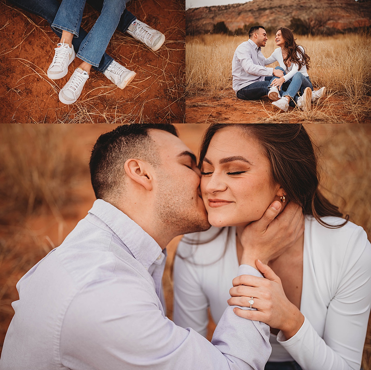 couple in jeans and sneakers show off diamond ring during canyon adventure engagement shoot