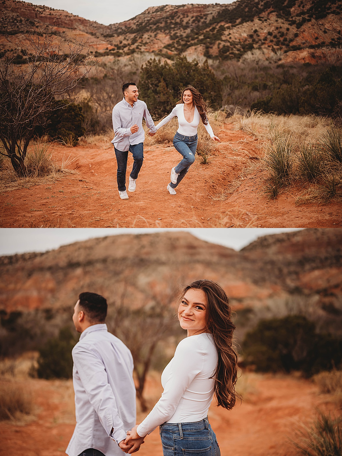 couple in jeans and sneakers runs across red dirt while laughing in canyon adventure engagement shoot