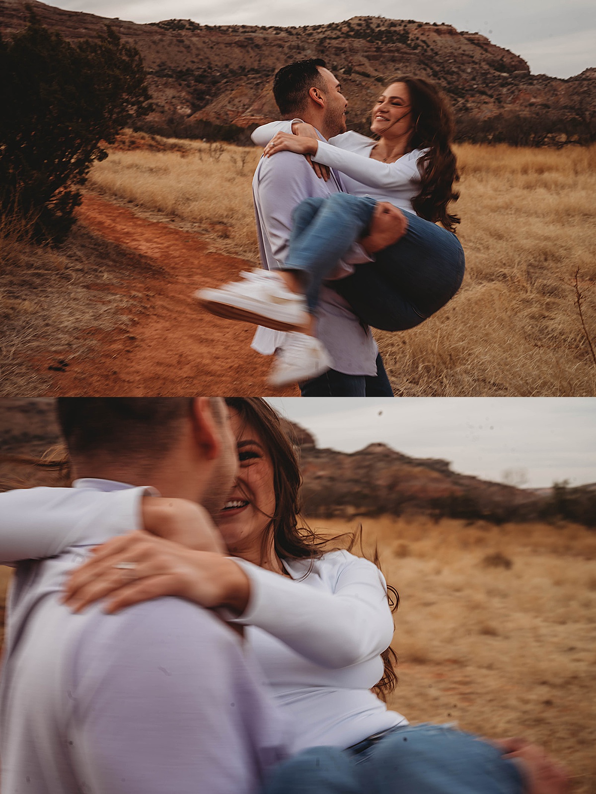 man sweeps his fiancee off her feet in joyful canyon adventure engagement shoot