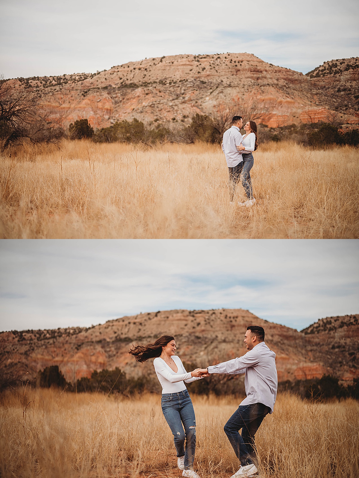 couple in jeans and matching sneakers dance in a field during canyon adventure engagement shoot