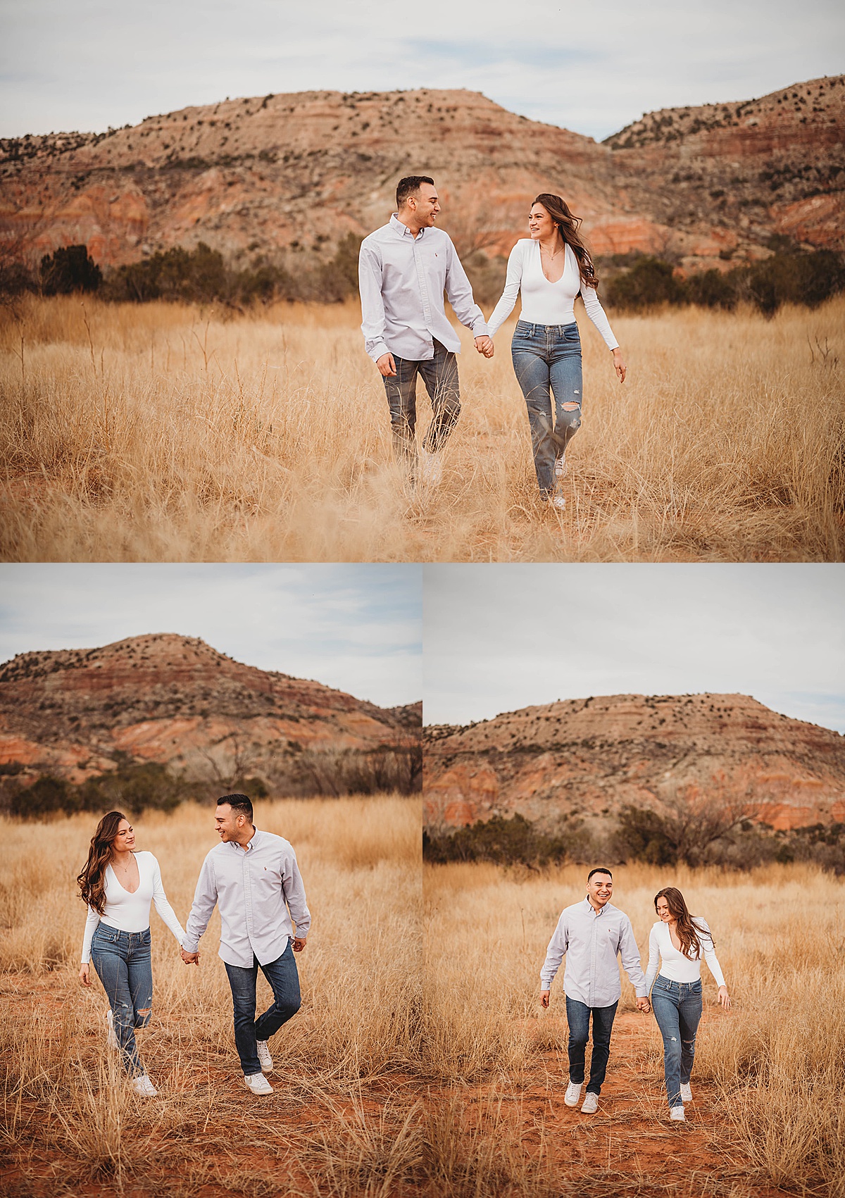 two fiances walk hand in hand in grassy field during west texas engagement shoot by Three Feather Photo Co