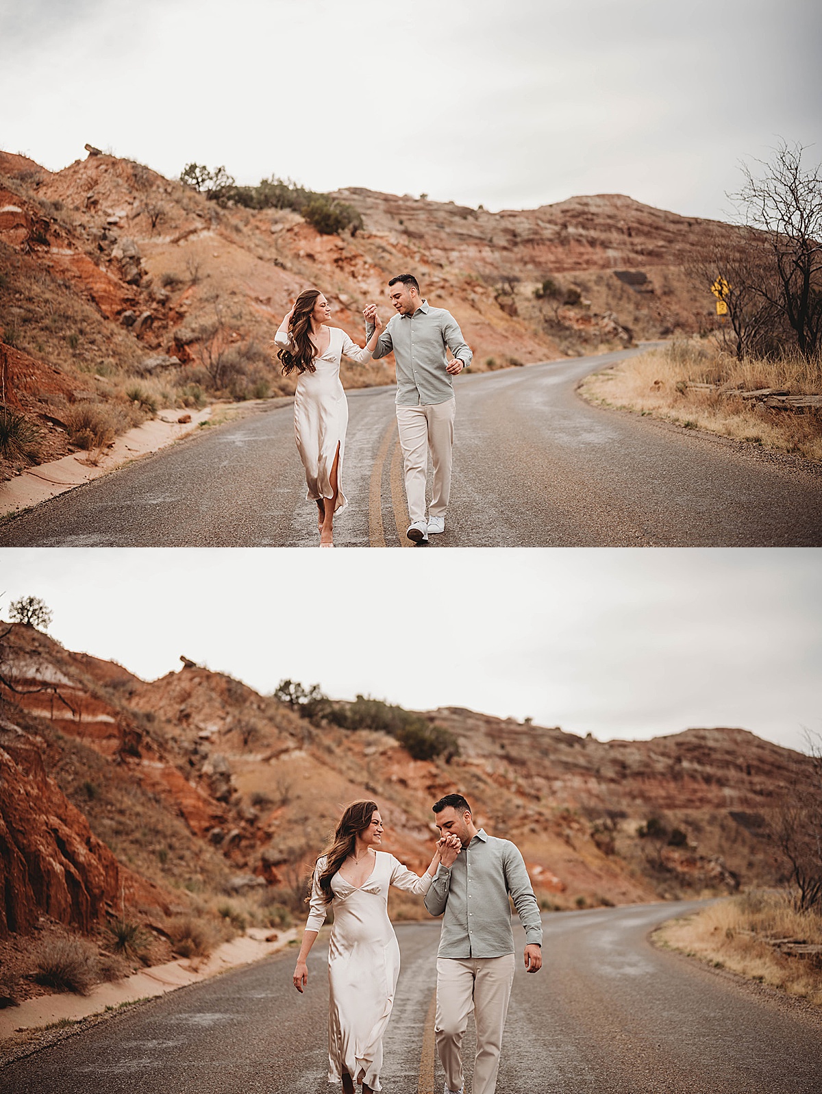 newly engaged couple walk down park road in button down and silk dress in outdoor shoot by Palo Duro Canyon Elopement Photographer