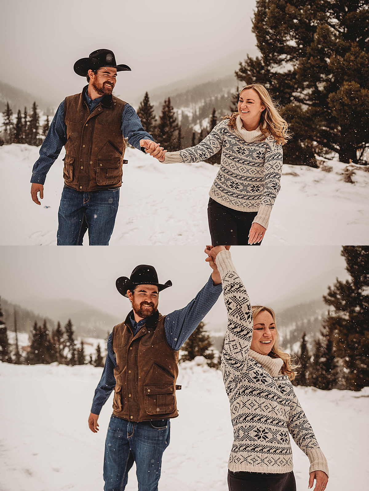 man in cowboy hat and vest and woman in nordic sweater dance in the snow during western winter engagement shoot