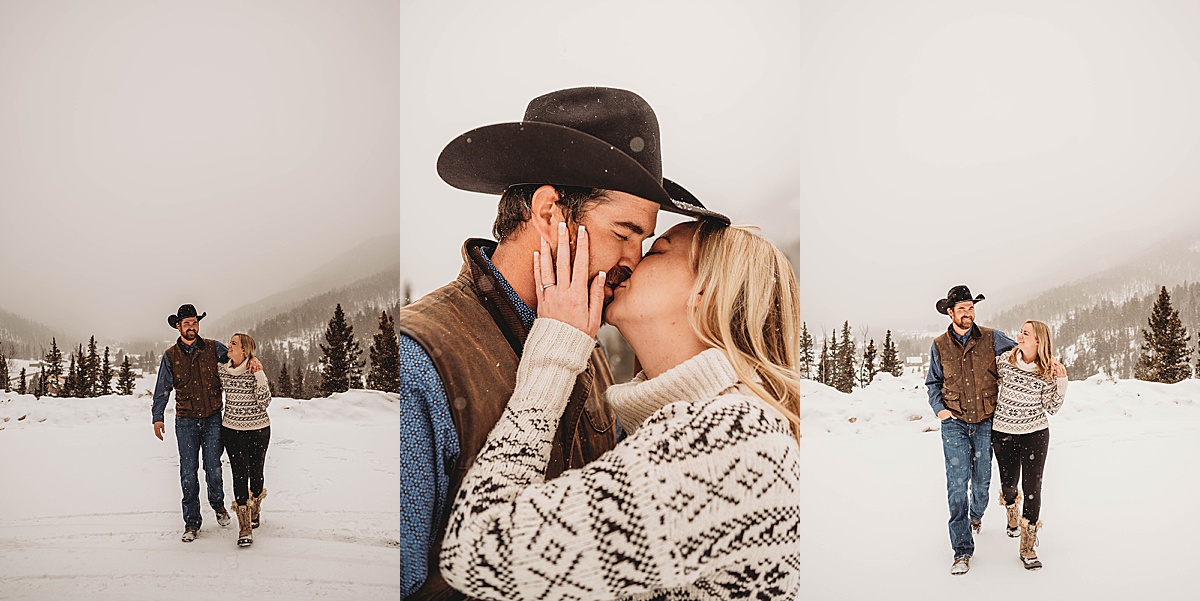 couple in cozy winter wear walk through the snow in new mexico engagement shoot by Three Feather Photo Co