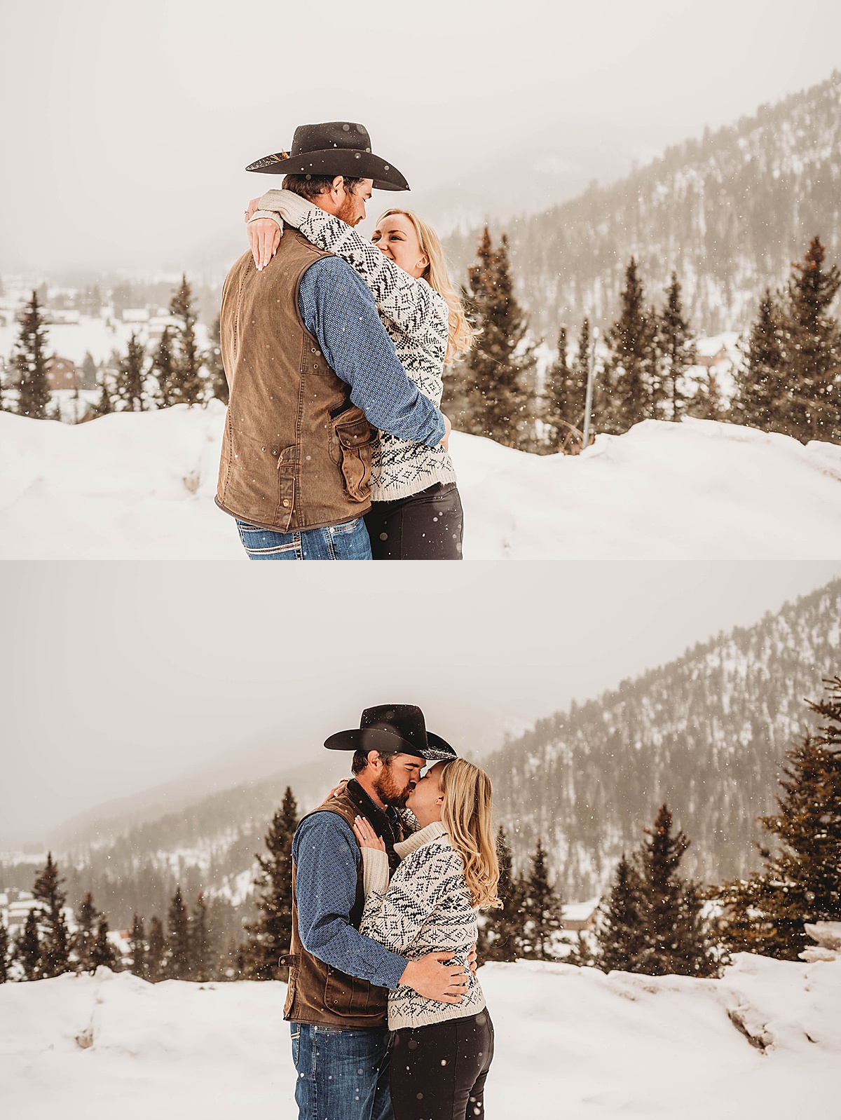 Couple kiss in the snow during cozy engagement shoot by Three Feather Photo Co