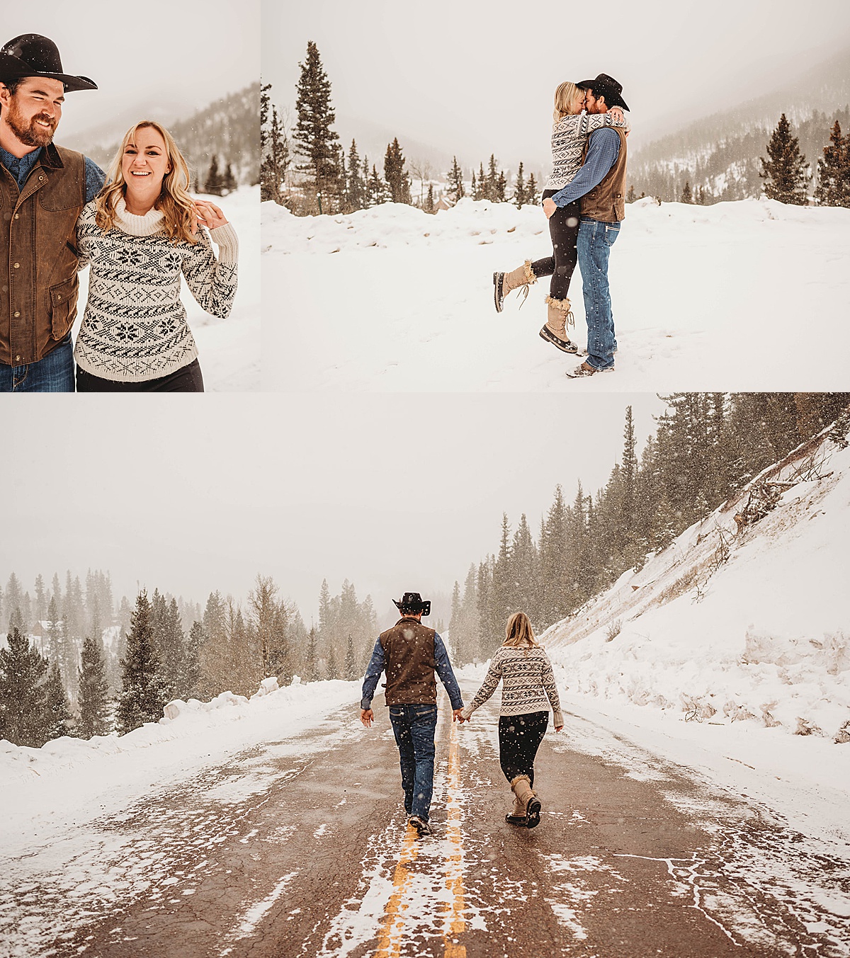 newly engaged couple wander snowy mountain for romantic photo shoot by Three Feather Photo Co