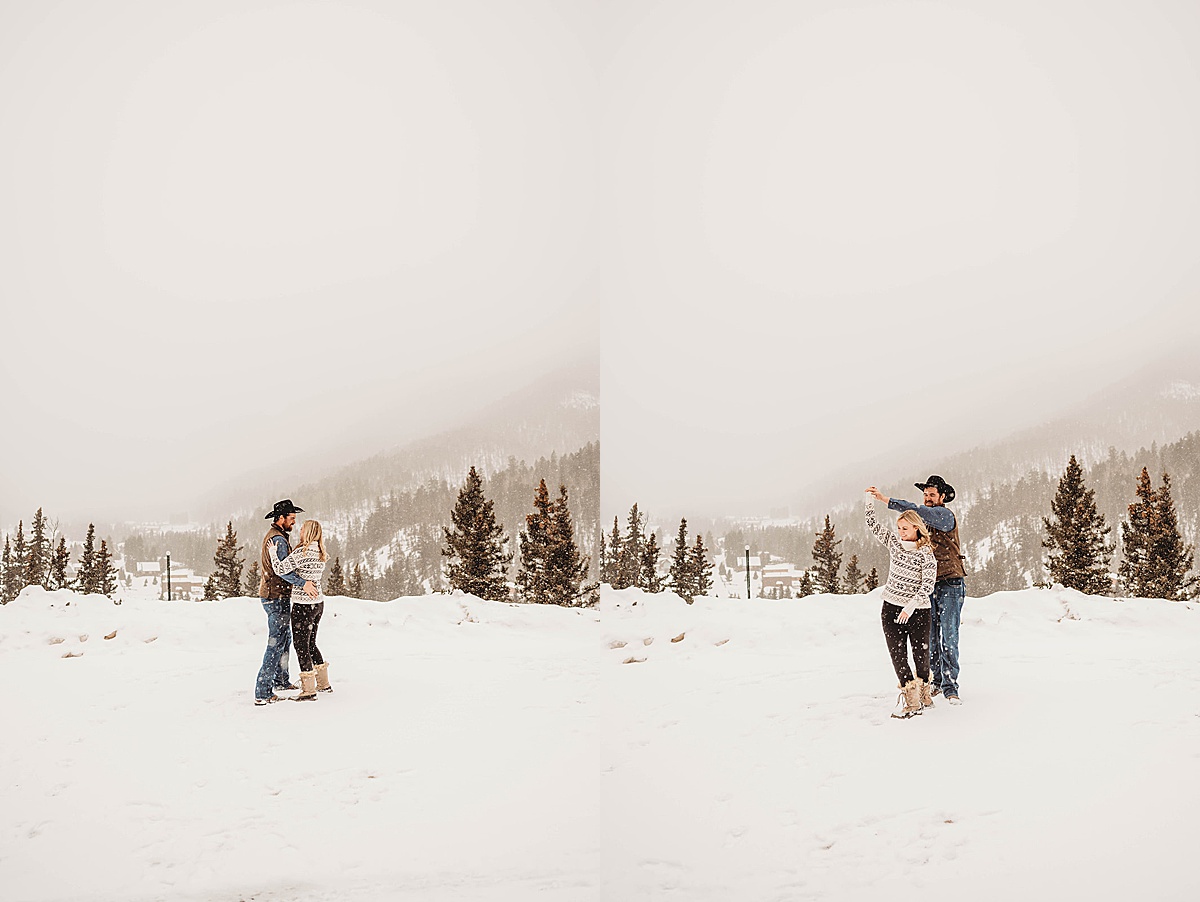 newly engaged couple dance in the snow at red river new mexico shoot by Three Feather Photo Co