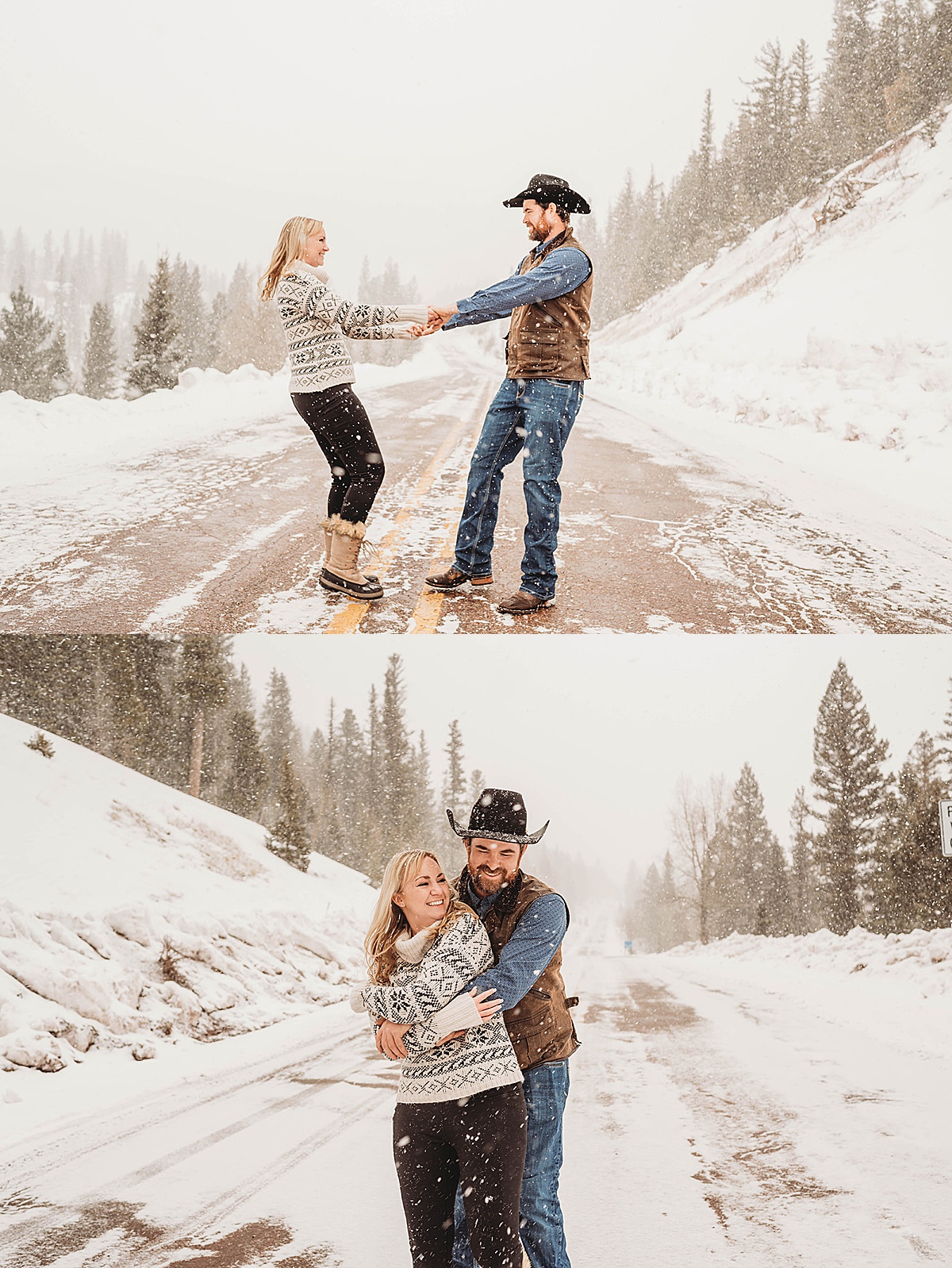 couple in sweaters and snow boots dance on mountain road during engagement shoot by Palo Duro Canyon Elopement Photographer