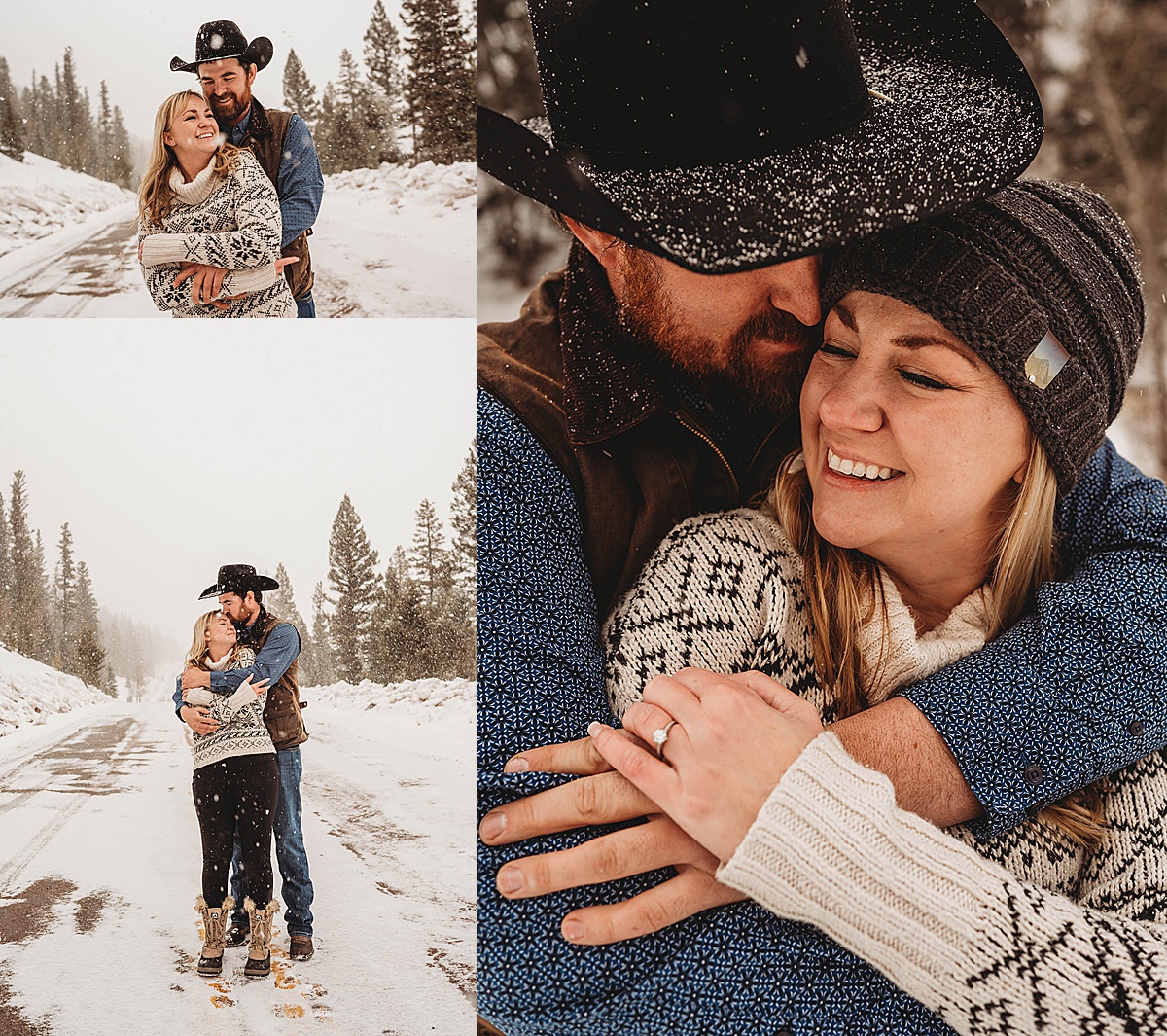 couple in hat and sweater snuggle during romantic engagement shoot by Palo Duro Canyon Elopement Photographer