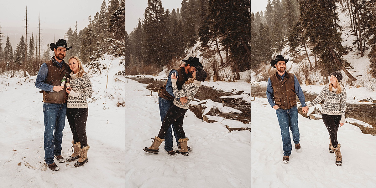 cozy couple walks through falling snow at red river engagement shoot by Palo Duro Canyon Elopement Photographer