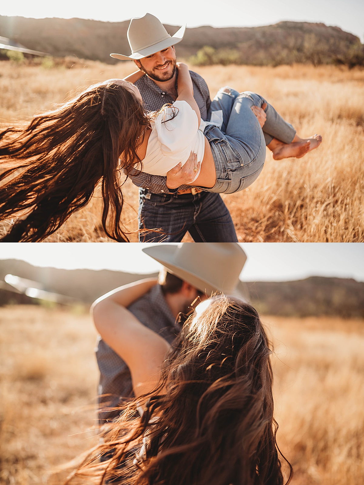 man in cowboy hat sweeps his fiancee off her feet during golden summer engagement shoot