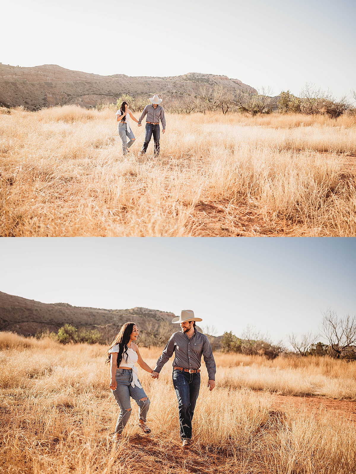 young couple strolls through grassy field during golden summer engagement shoot