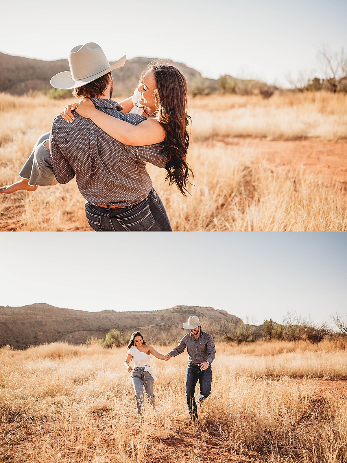 young couple twirls and runs through canyon field during golden summer engagement shoot