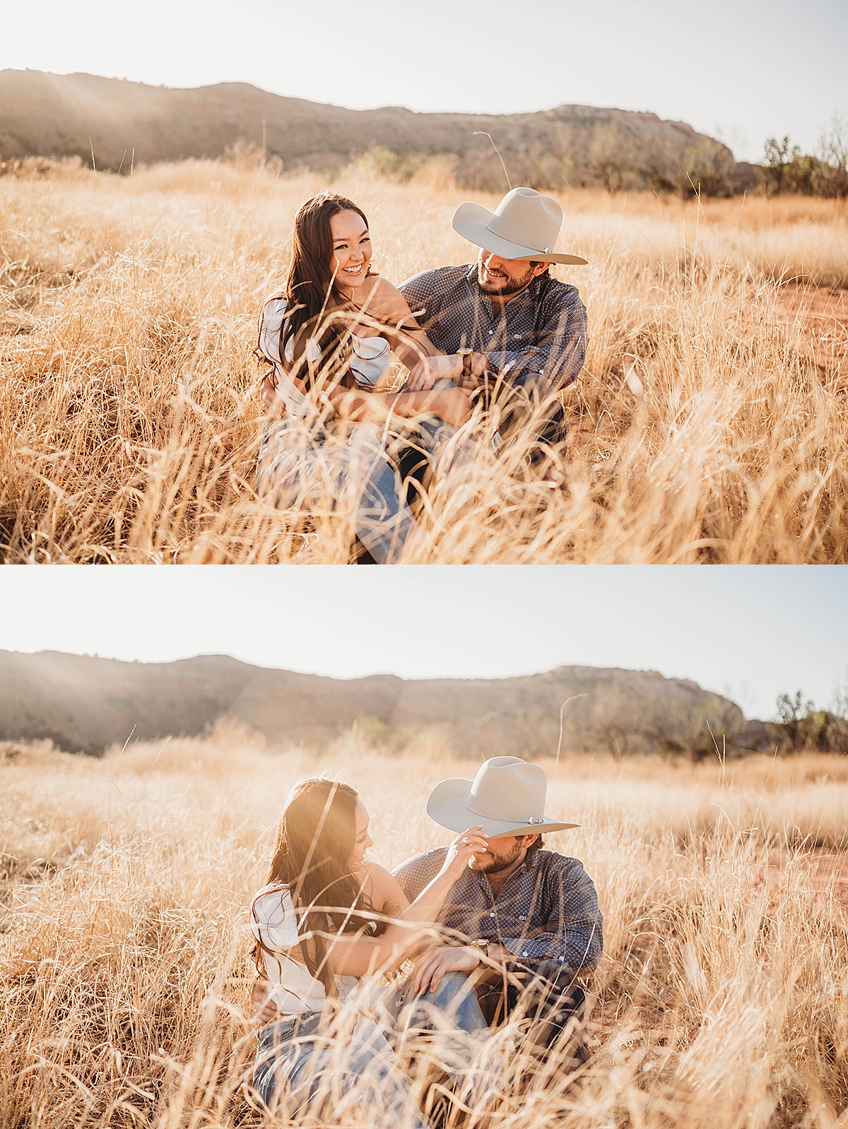 couple poses in grassy field during engagement session by Palo Duro Canyon Elopement Photographer