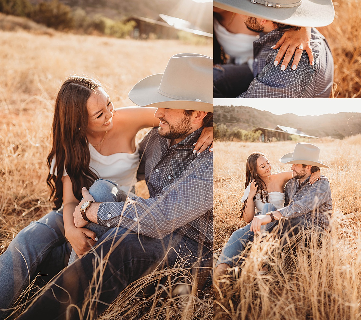 young couple with diamond ring and felt hat pose in engagement shoot by Palo Duro Canyon Elopement Photographer