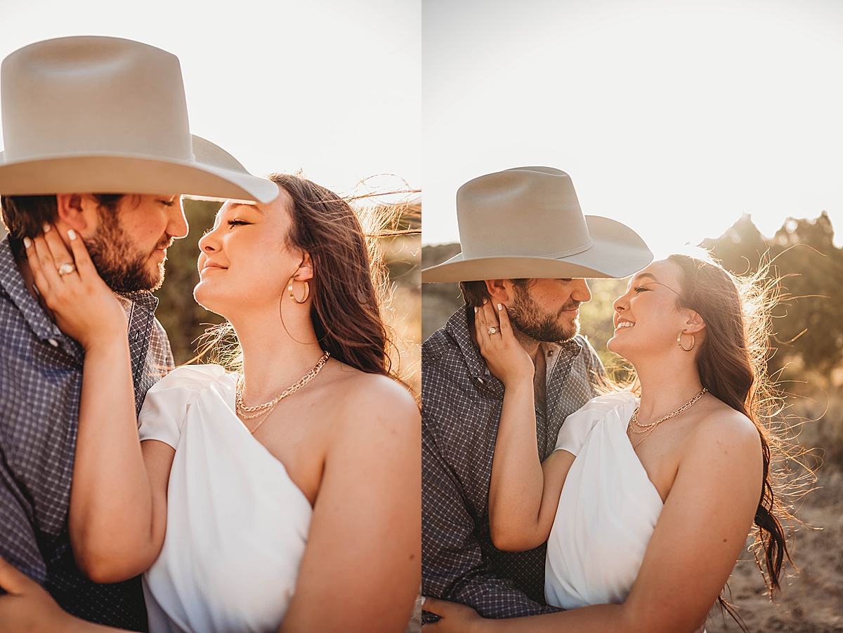 couple embrace during golden hour in shoot by Palo Duro Canyon Elopement Photographer