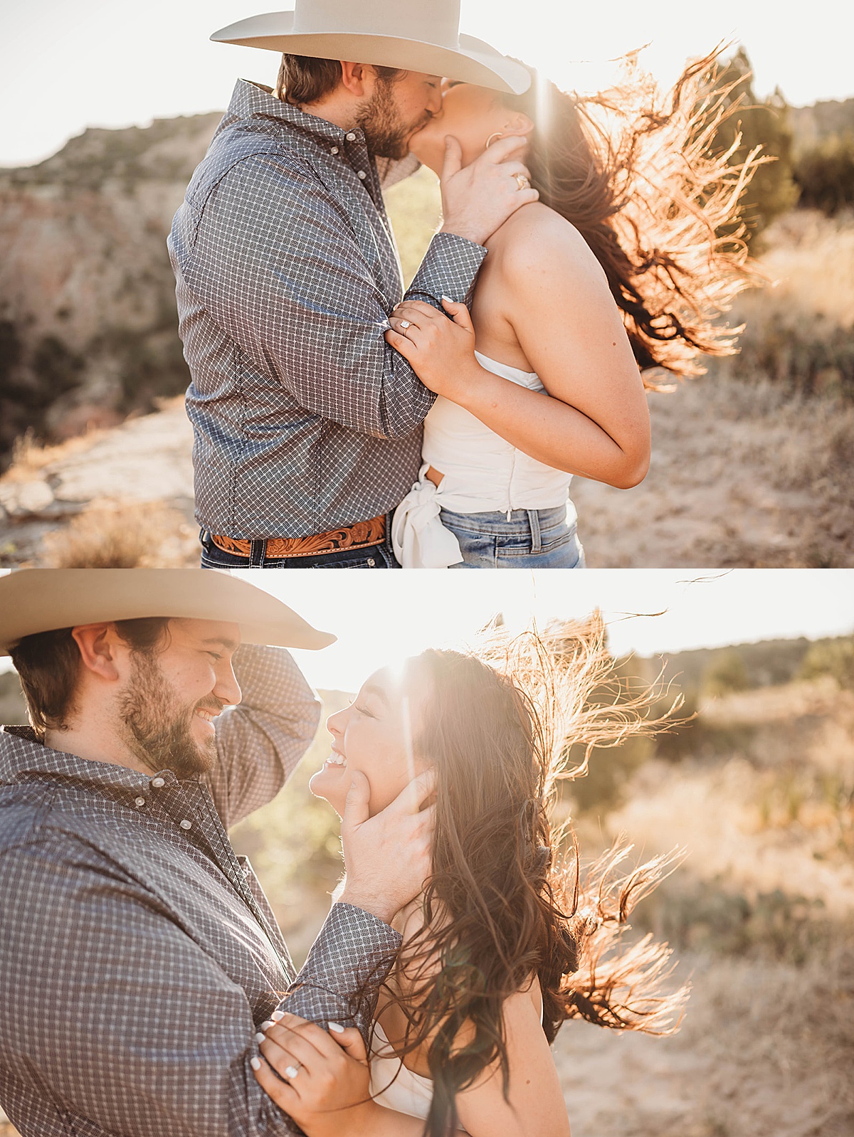 couple kiss during engagement shoot by Palo Duro Canyon Elopement Photographer