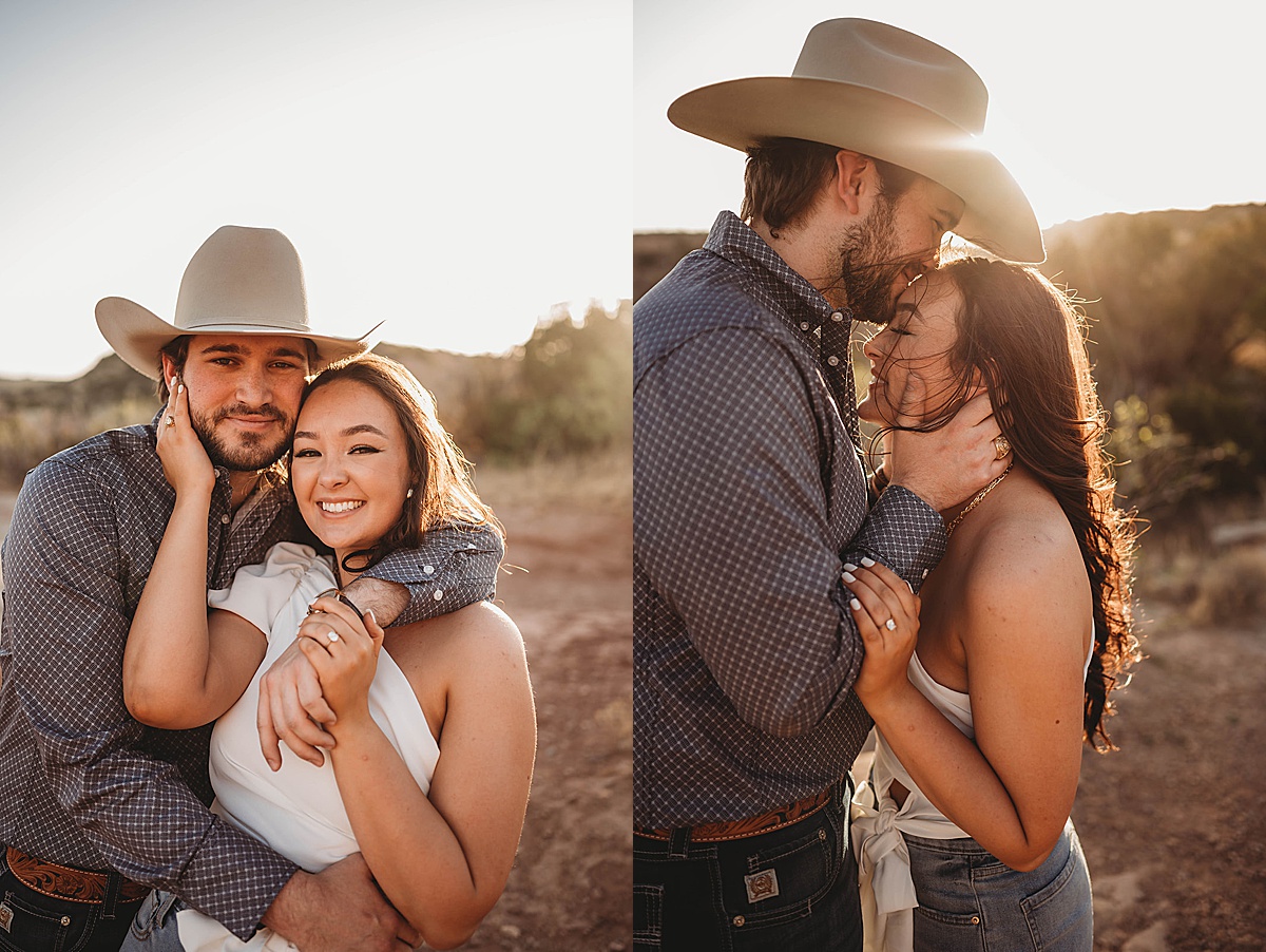young couple embrace during golden hour engagement shoot by Three Feather Photo Co