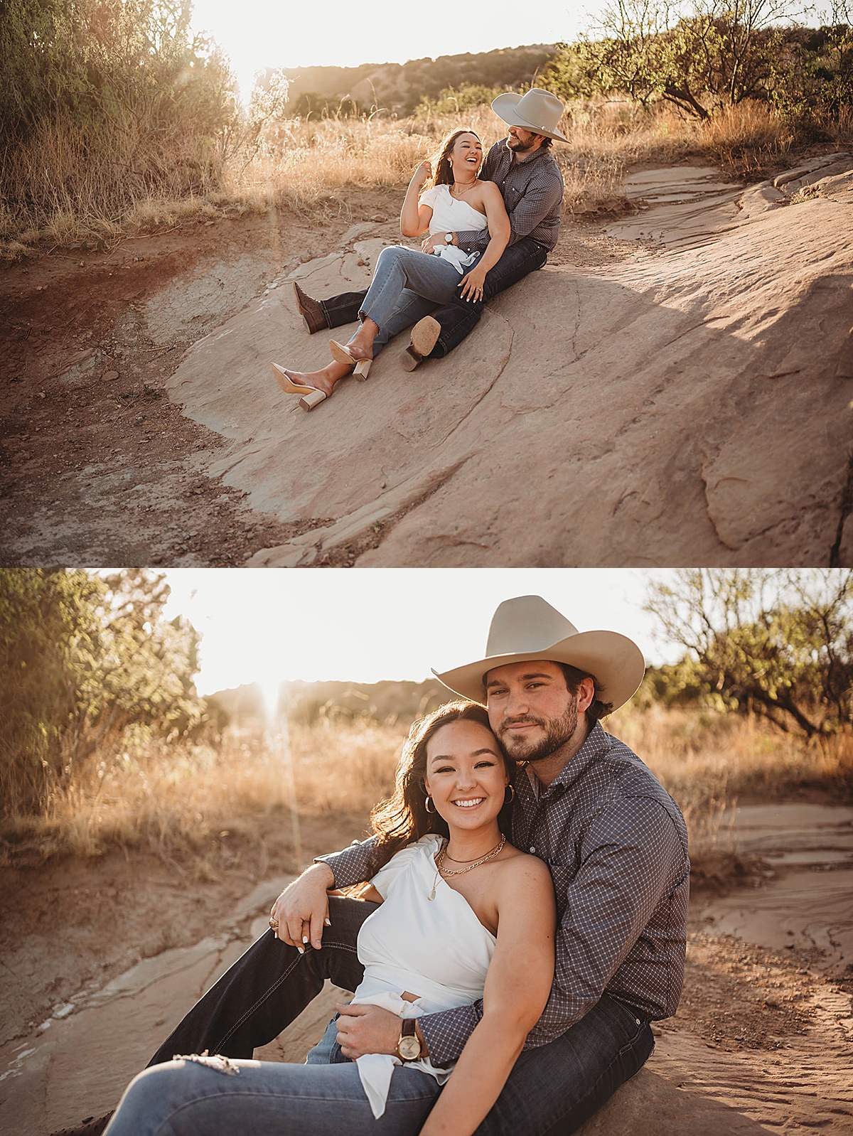 engaged couple laughs and smiles for shoot by Three Feather Photo Co in palo duro canyon