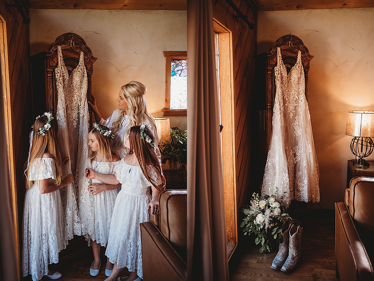 bride and flower girls admire lace bridal gown and bedazzled cowgirl boots before Red River Autumn Wedding