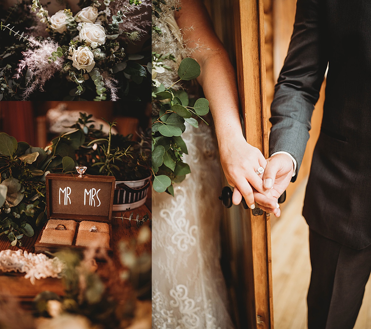 details of bouquet, rings, and couple holding hands before boho Red River Autumn Wedding