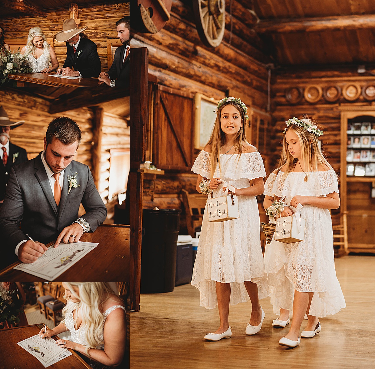 Bride and groom sign marriage certificate with flower girls in lace dresses and flower crowns look on | Three Feather Photo Co