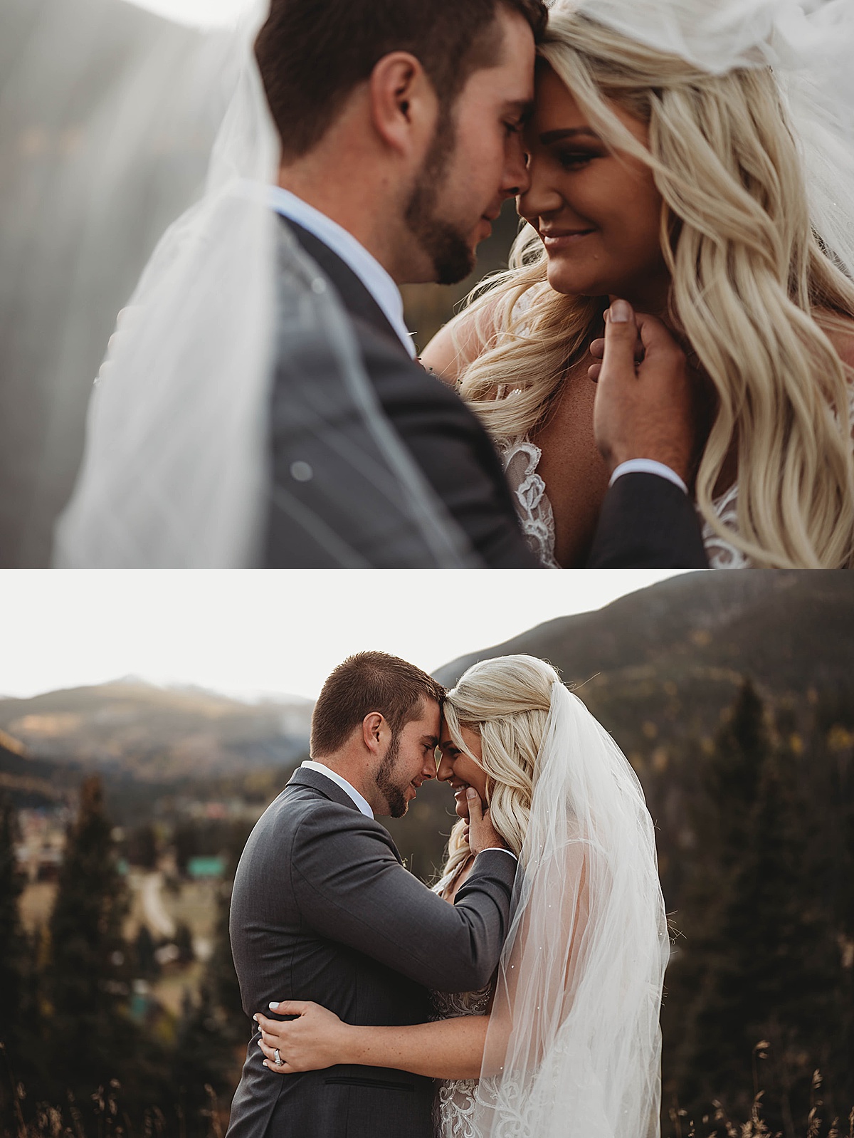 Groom touches bride's face with mountains in view behind them after wedding shot by Three Feather Photo Co