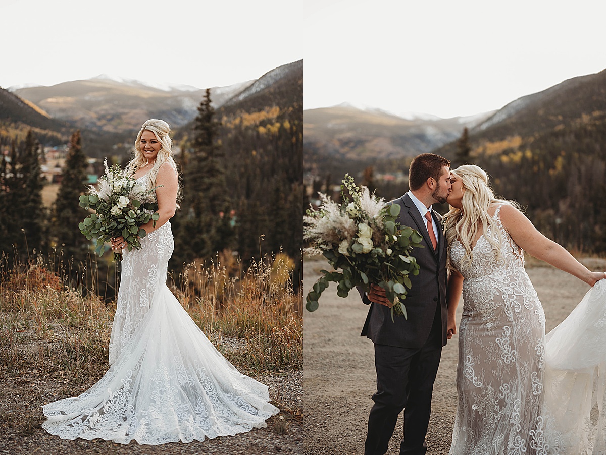 Bride in lace gown holding boho bouquet kisses groom after ceremony shot by palo duro canyon elopement photographer