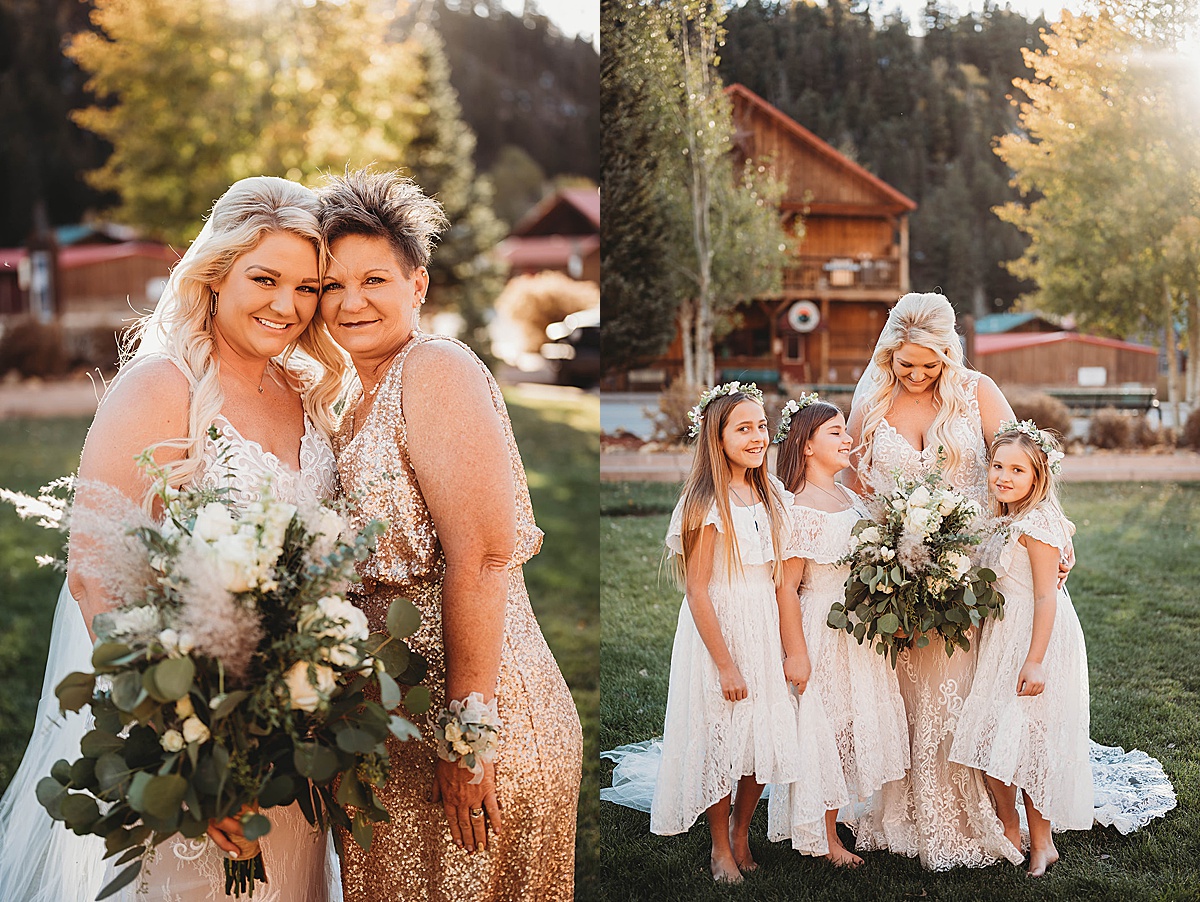 bride poses with mother and flower girls at golden our after boho ceremony shot by palo duro canyon elopement photographer