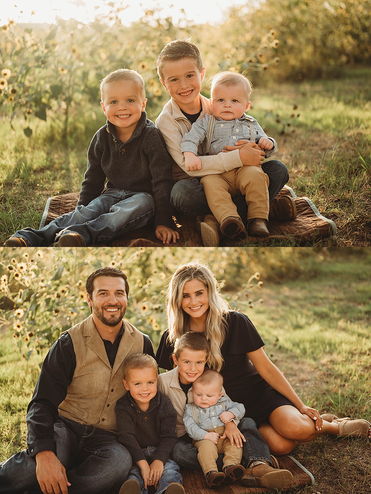 three boys pose with mom and dad during family portraits at creek house honey farm
