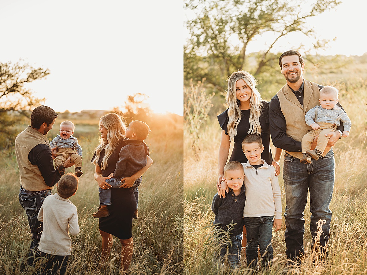 cute mom and dad pose with three boys during family portraits at creek house honey farm