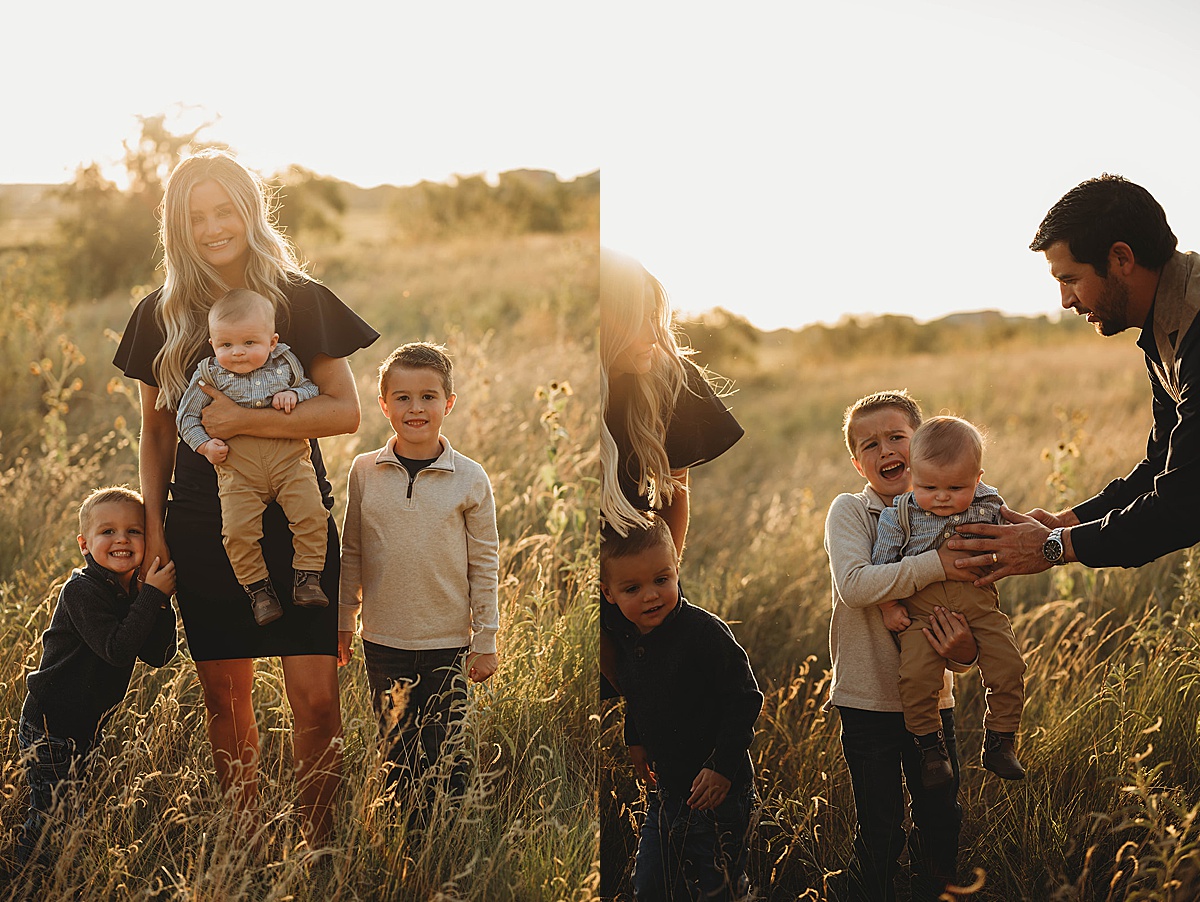 mom poses with three boys while dad helps comfort crying child during shoot with three feather photo co.