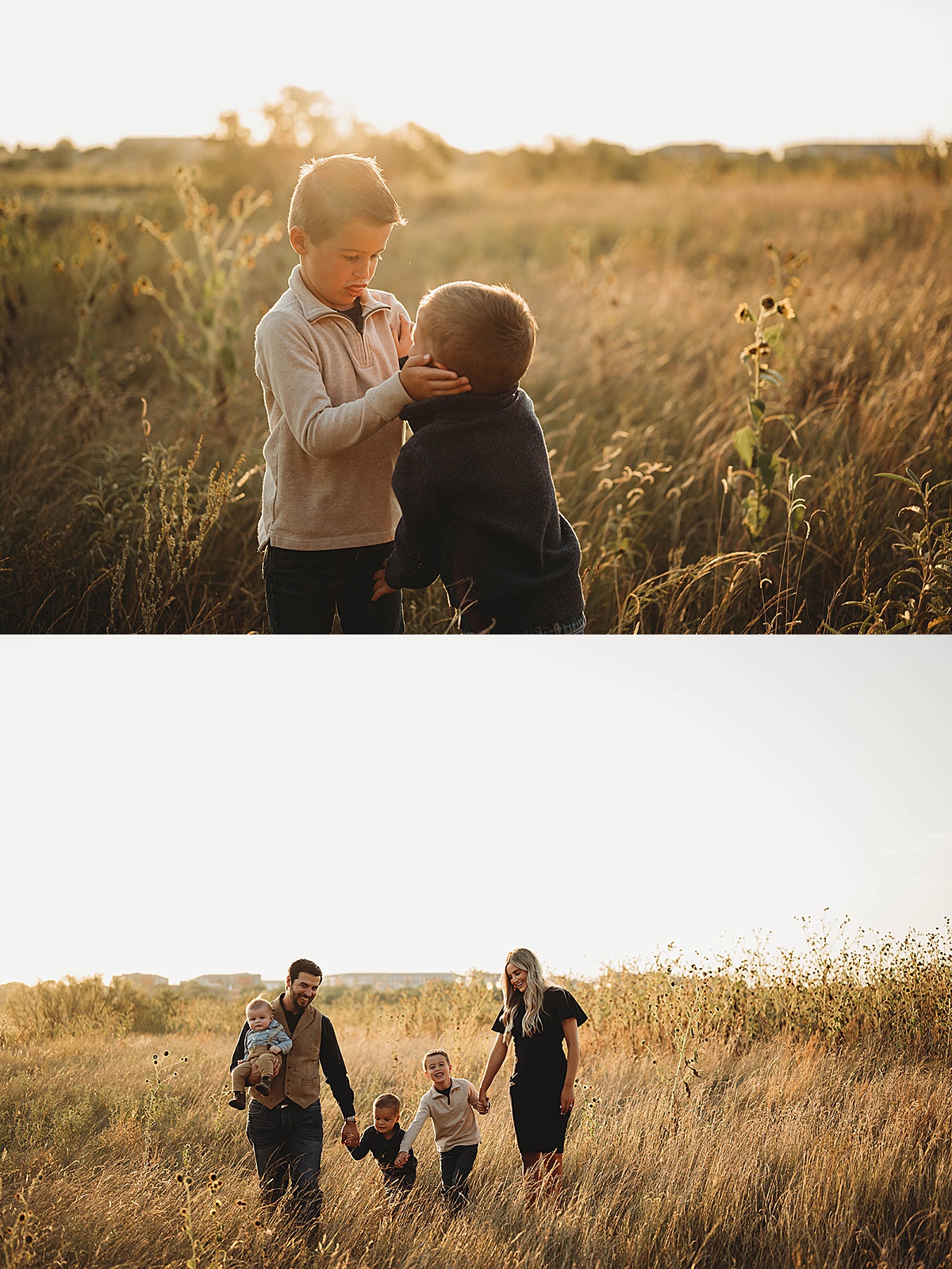 family walks through field during golden hour while brothers make funny faces, shot by three feather photo co.
