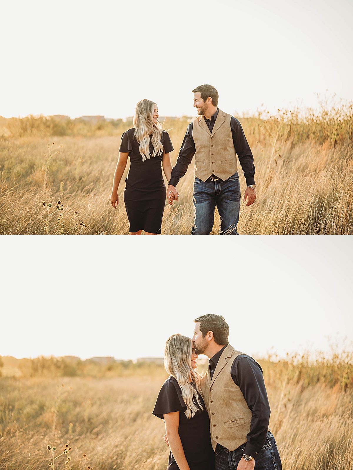 man and woman walk hand in hand through golden field during shoot by palo duro canyon elopement photographer