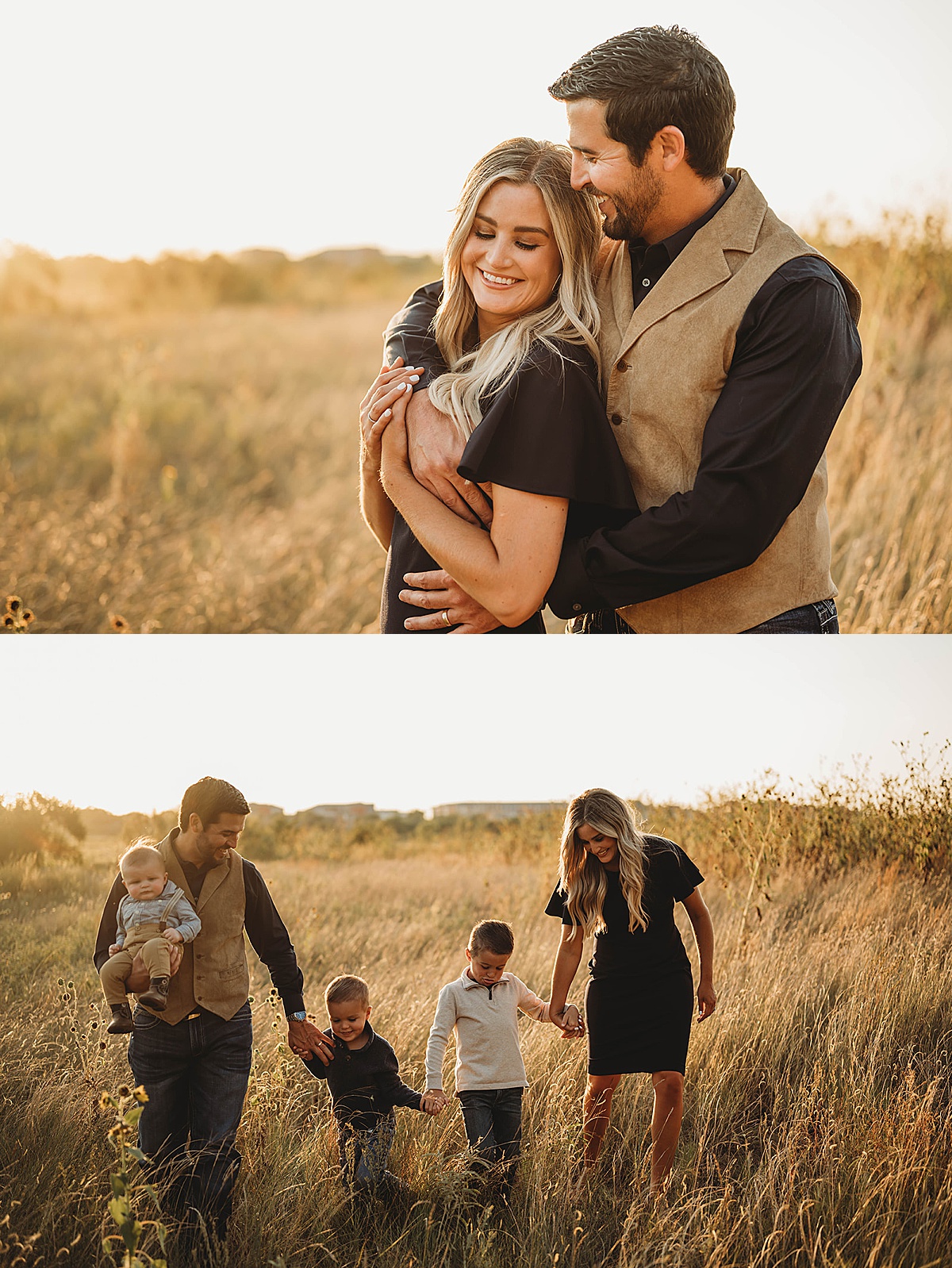 husband and wife pose for family photos during golden hour shoot with palo duro canyon elopement photographer