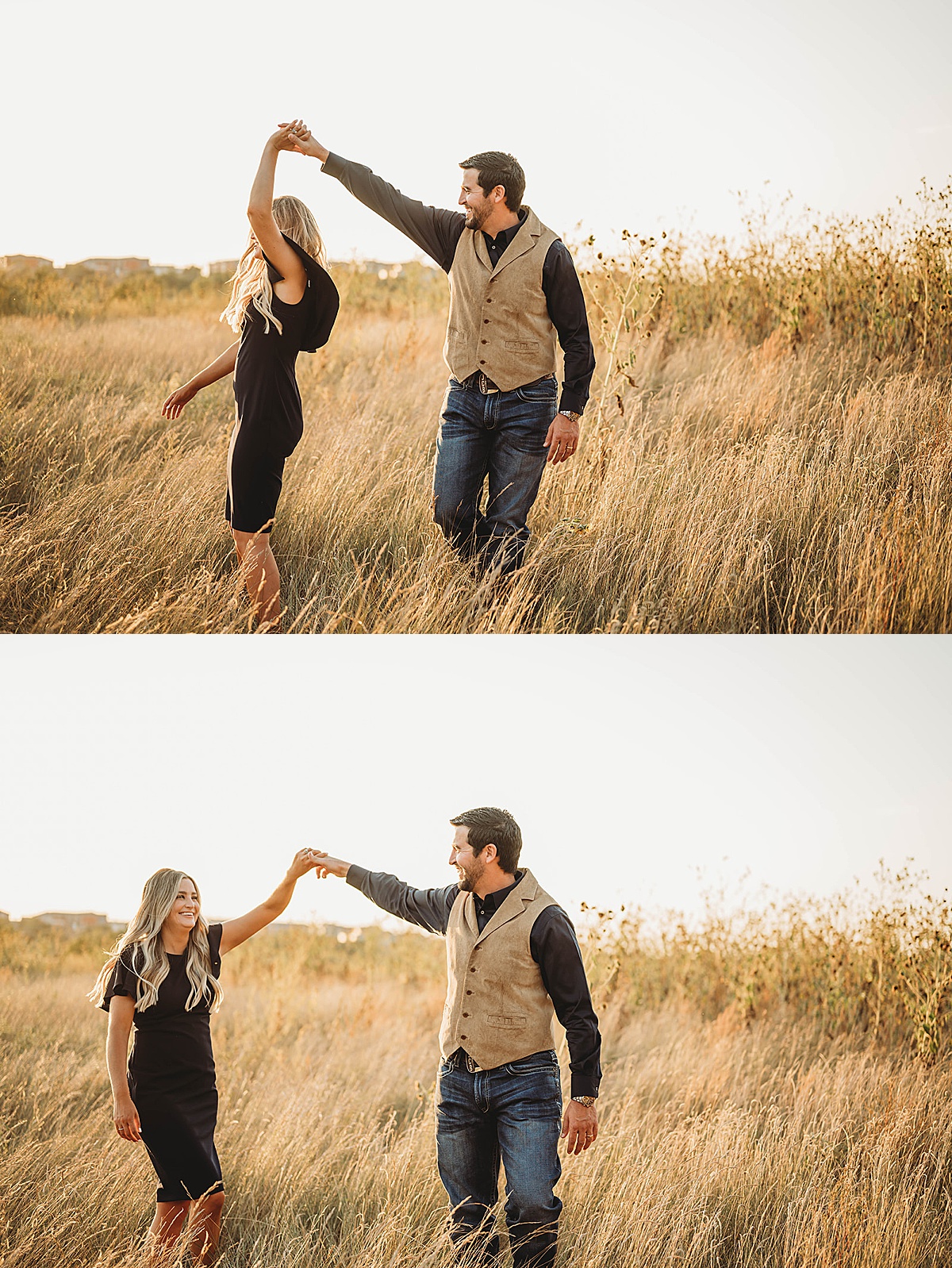 husband twirls his wife as they dance through a field during shoot by palo duro canyon elopement photographer