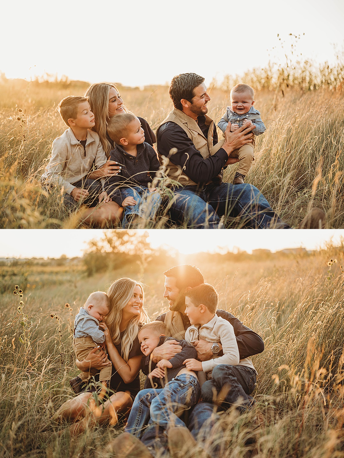 family with three little boys poses in golden wheat field during portrait session with palo duro canyon elopement photographer